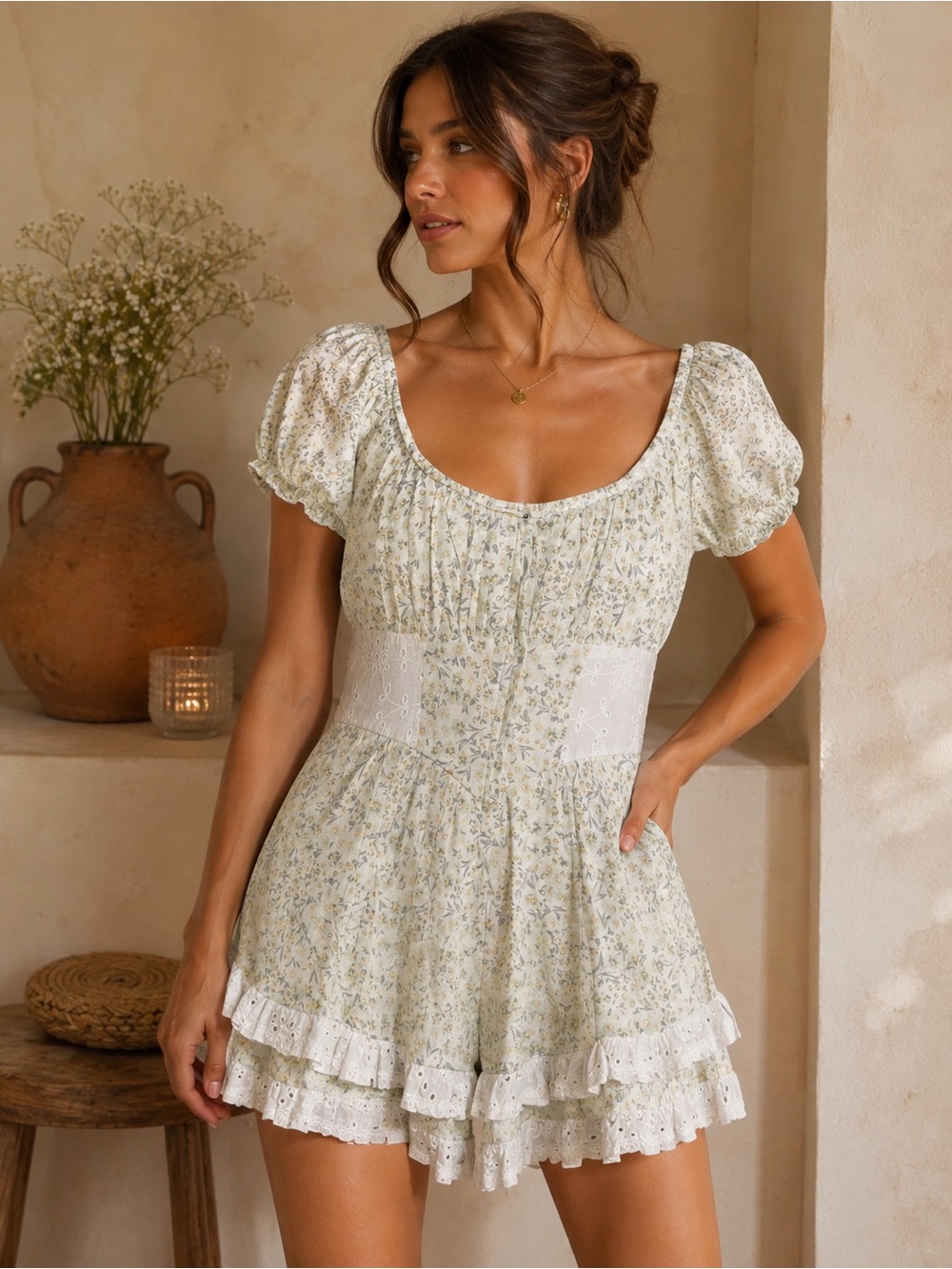 Francesca’s Floral Puff Sleeve Ruffle Romper Size Medium Cottagecore